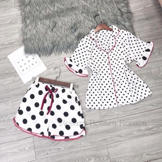 Bộ ngủ lụa chấm bi tay cộc quần đùi
