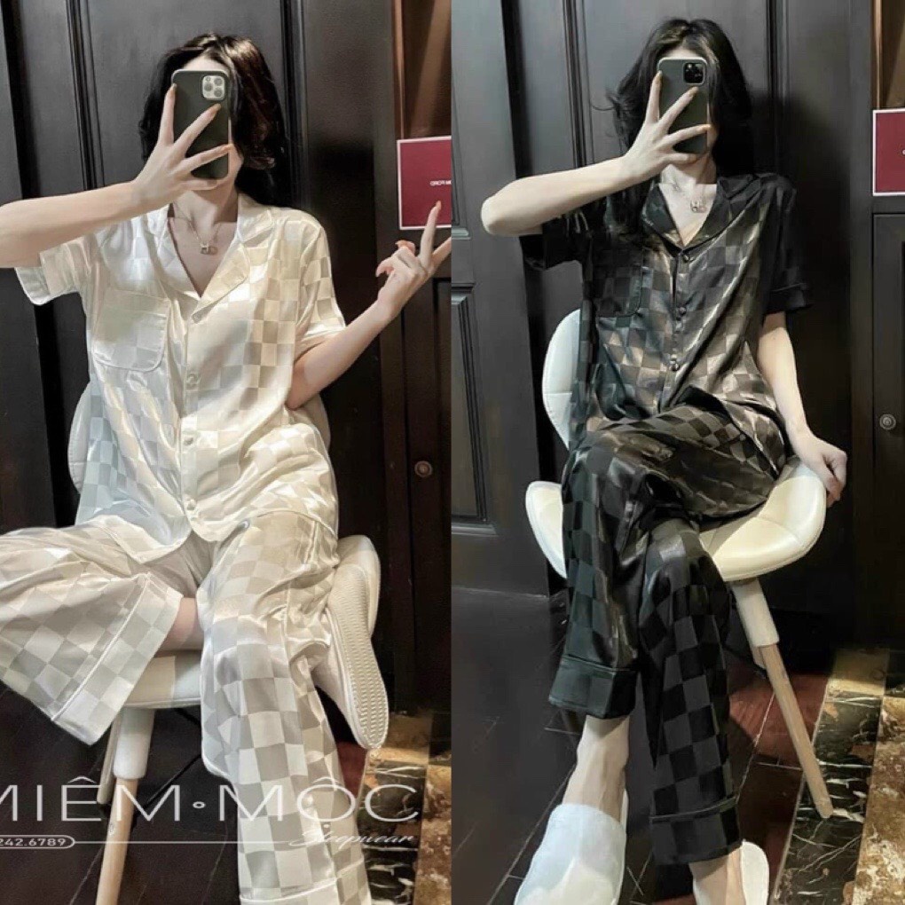 Đồ bộ nữ tay dài tiểu thư thiết kế theo phong cách quảng châu- tay ngắn lụa gấm ô
