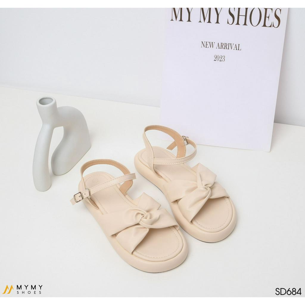 Dép nữ sandal đế bằng quai xoắn mầu đen, kem, trắng MyMyShoes - sandal nữ SD684