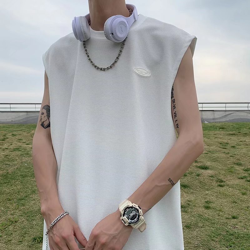 Áo Sweater Dệt Kim Sát Nách Dáng Rộng Màu Sắc Đơn Giản Phong Cách Harajuku Cho Nam