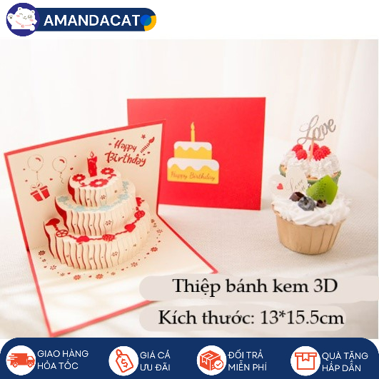 [Hàng mới về] Thiệp Happy birthday 3D hình Bánh kem đẹp mắt ý nghĩa - Thiệp chúc ý nghĩa