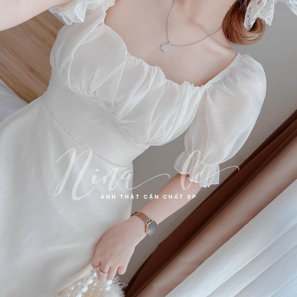 Váy đầm nữ tay phồng cổ vuông nhúm ngực chất voan cao cấp mềm mịn kiểu dáng dễ thương
