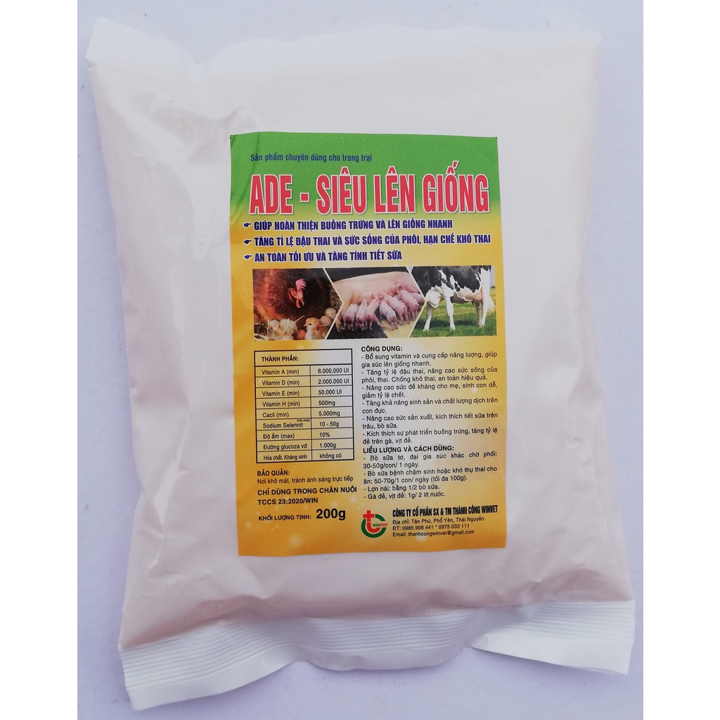 1 gói ADE - SIÊU LÊN GIỐNG 200g Dùng khi vật nuôi chậm đòi đực, chậm hớn, chậm lên giống