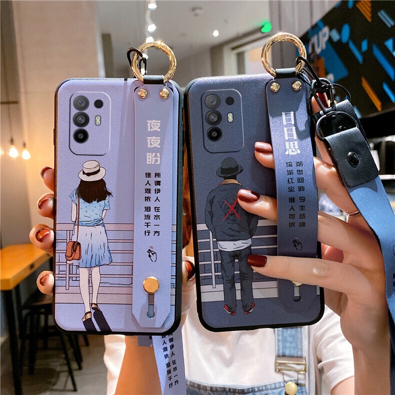 Ốp điện thoại hình cô gái cá tính có giá đỡ dây đeo dài OPPO Reno 6 5 Pro 3 2Z 2F A33 A53 A5 A9 A31 2020 A52 A92 A3S F11 R17
