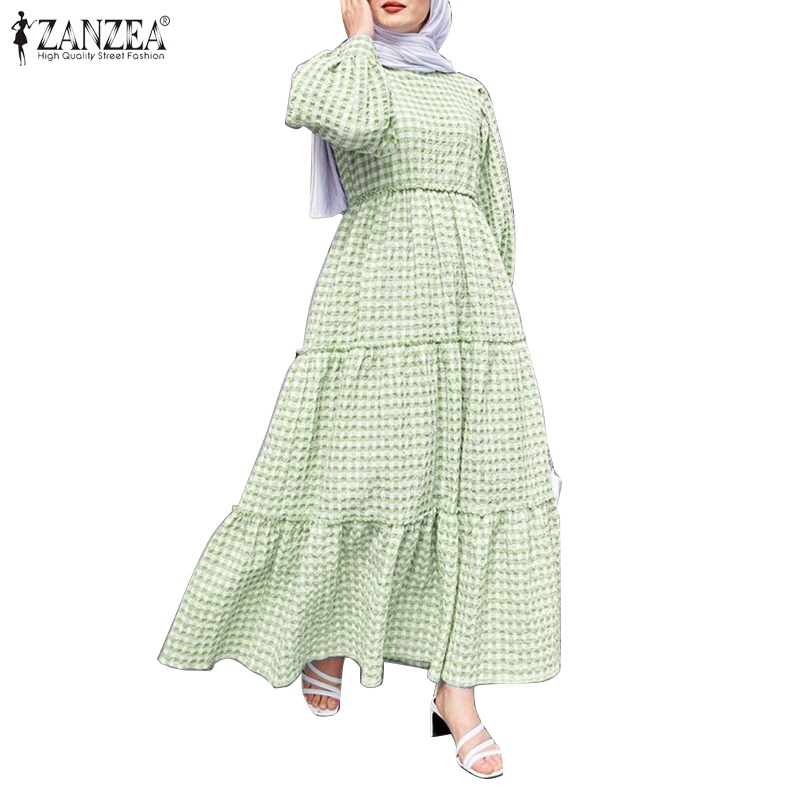 Zanzea Đầm Nữ Tay Phồng Họa Tiết Caro Thời Trang