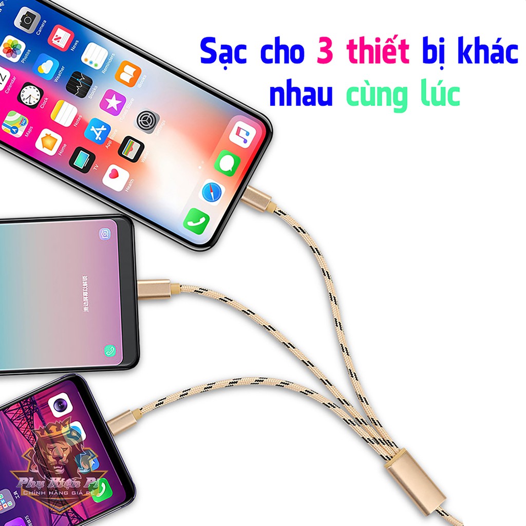 Cáp sạc nhanh/Cáp truyễn dữ liệu chia 3 đầu cắm Micro USB Type-C Lightning tiện dụng dài 1m