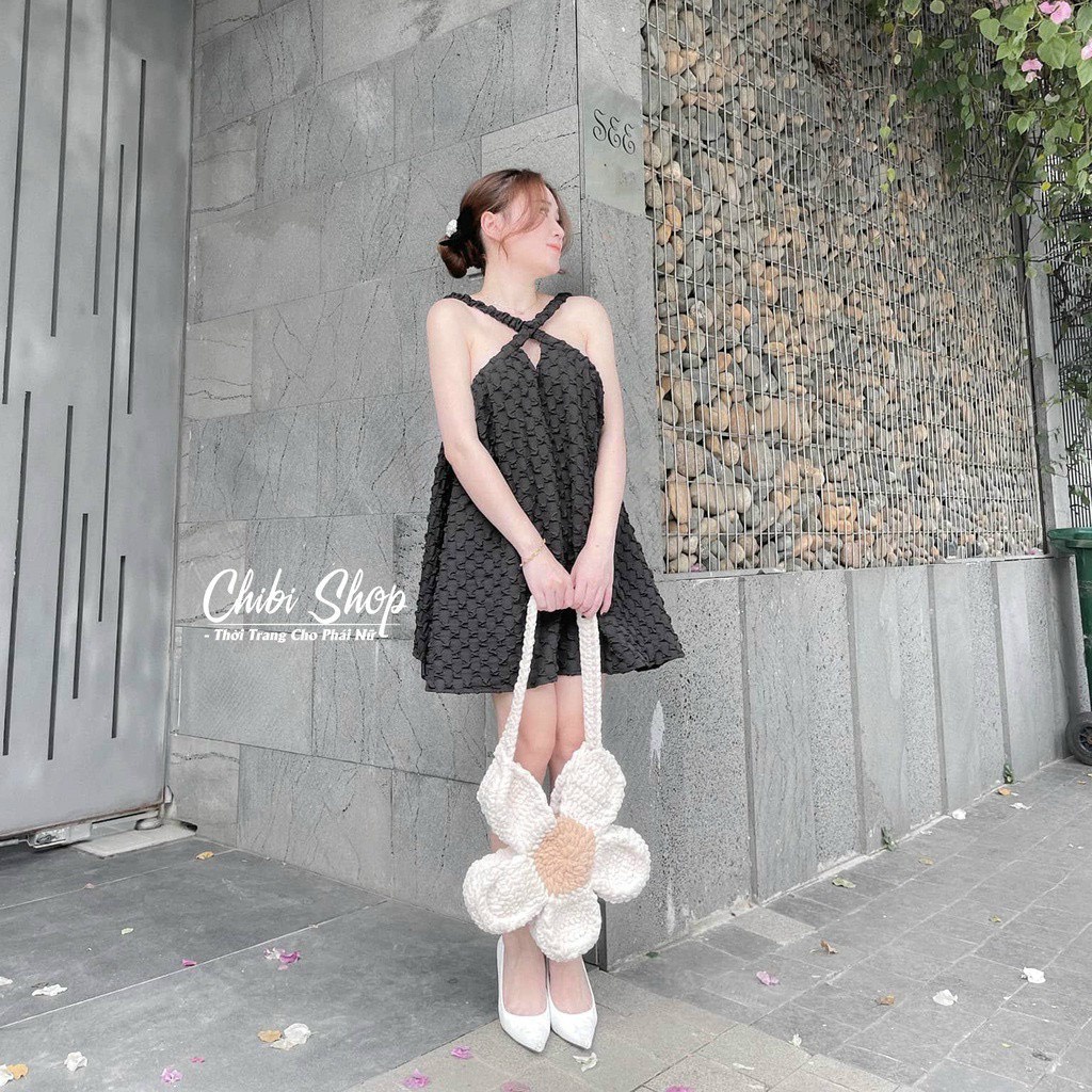 Đầm babydoll vintage đũi xốp cực đẹp, đầm tiểu thư babydoll 2 dây đan chéo dễ thương xinh xắn