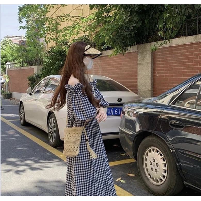 Váy nữ kẻ suông dáng dài Vintage - Đầm xuông dáng dài trễ vai Ngọc Uyên Store