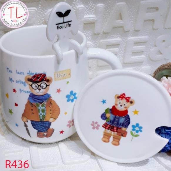 Ly sứ hình gấu có nắp đậy và muỗng độc đáo - Ly cà phê - Cốc cà phê