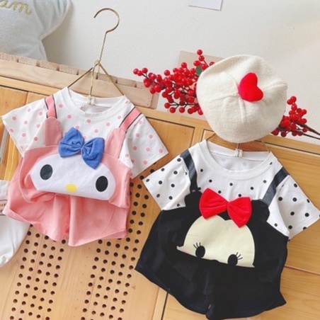 Set áo hoạt hình đính nơ kèm quần cotton mềm cho bé gái MINTSCLOSET 2 3 4 5 tuổi - GA2020