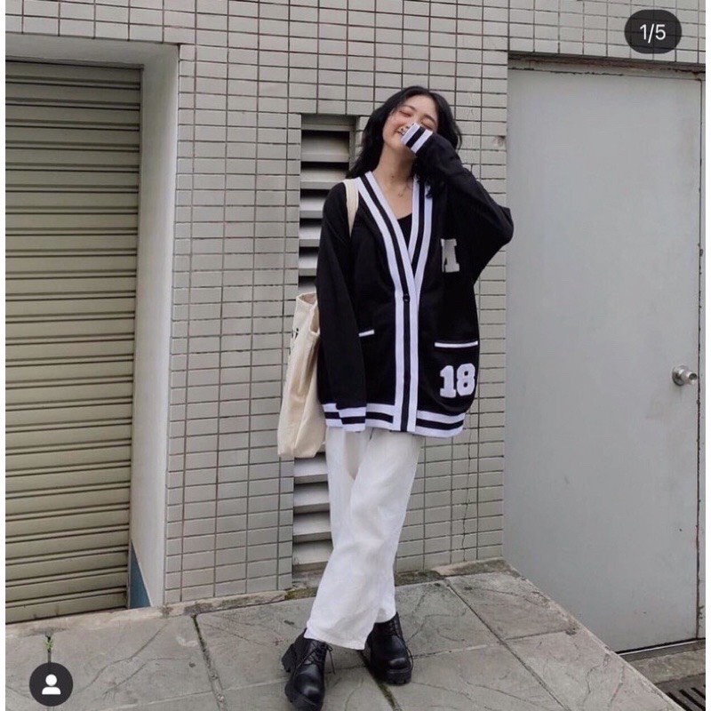Áo cardigan đen 18 phối viền trắng from rộng  Áo khoác unisex thu đông chất nỉ cotton dày mịn ANASHOP9X