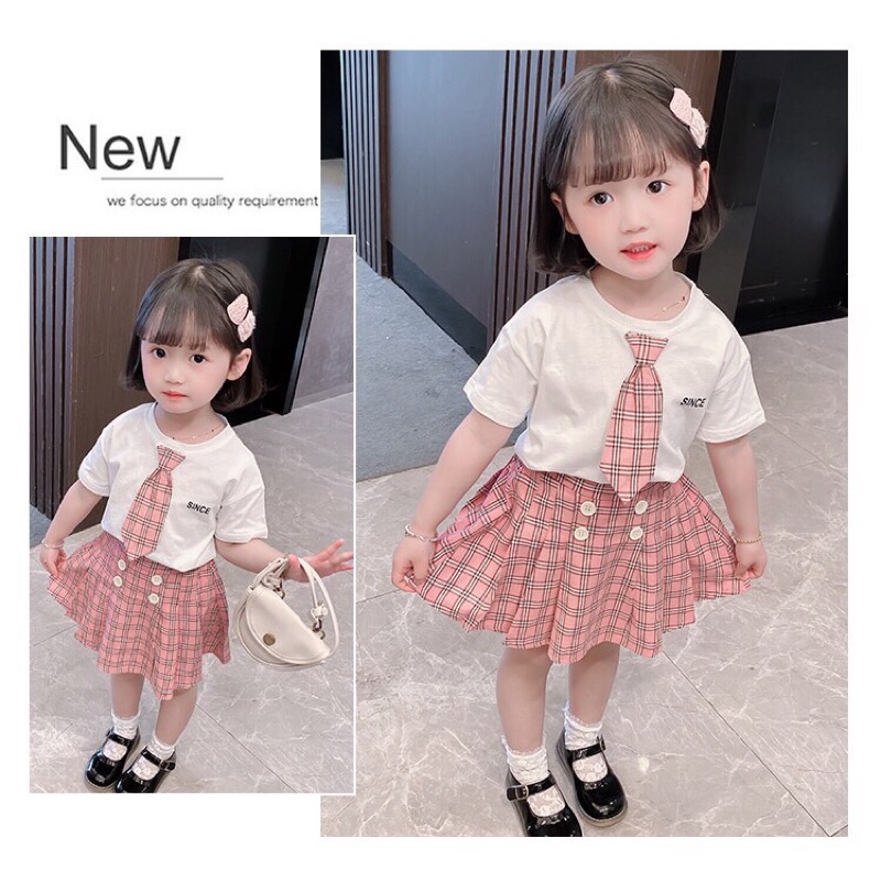 Set bé gái,set bộ kẻ áo phông chân váy xoè kẻ cực xinh cho bé gái D001