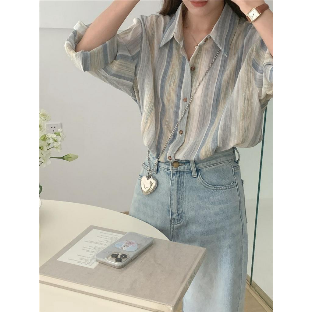 Áo polo Chống Nắng Dáng Rộng Tay Dài Kẻ Sọc 65335 Dễ Phối Đồ