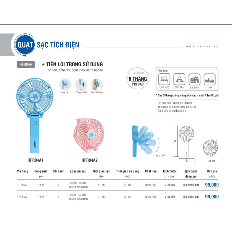 QUẠT SẠC TÍCH ĐIỆN CẦM TAY ROMAN HFR01A1 - 3  TỐC ĐỘ GIÓ - CÔNG SUẤT 4.5W