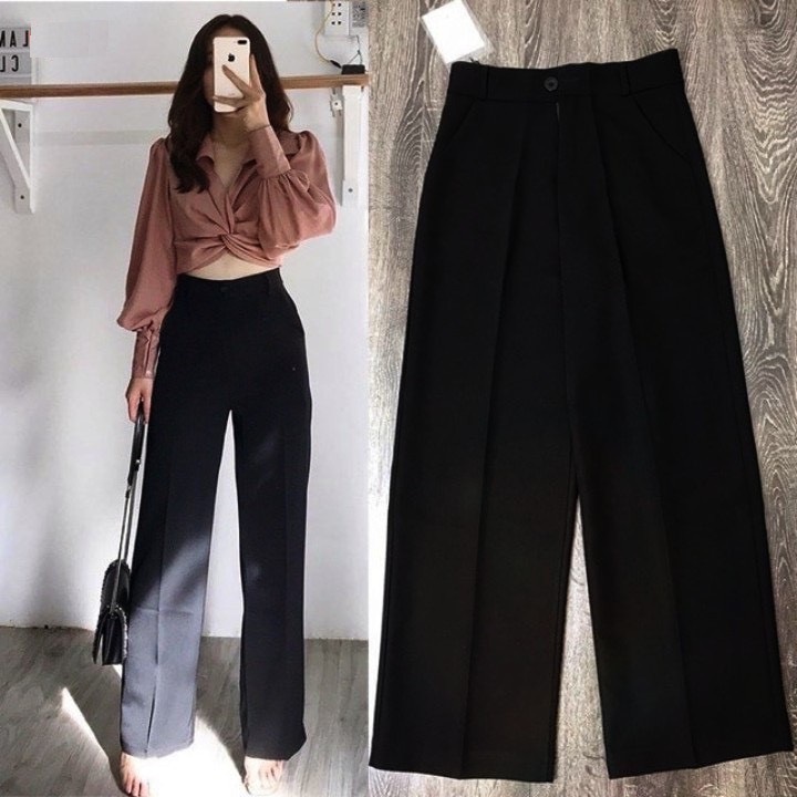 Khuy Giữa Quần Ống Rộng, Quần Ống Suông Lưng Cao Vải Tuyết Mưa có big size 89Kg