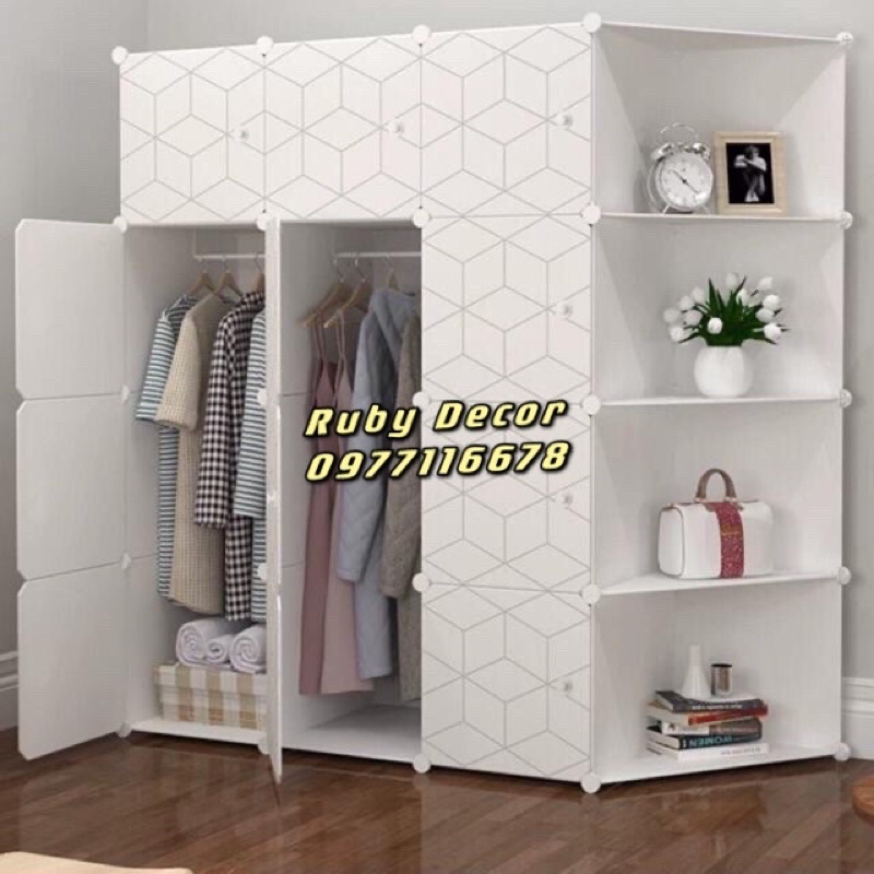 ✁✑☒TỦ NHỰA ĐỰNG QUẦN ÁO 12 Ô & 4 KỆ GÓC LẮP GHÉP CÓ NGĂN TREO SIZE TO SÂU 47cm. Tặng 2