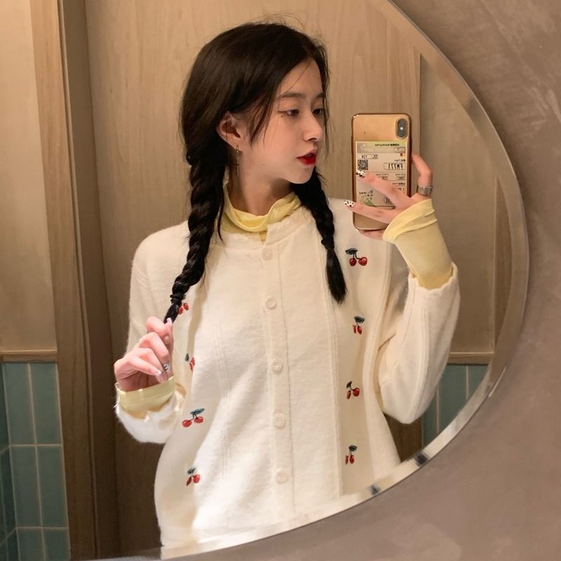 Áo cardigan dệt kim Pure Cube dáng rộng họa tiết quả cherry phong cách Hàn Quốc mới thời trang cho nữ