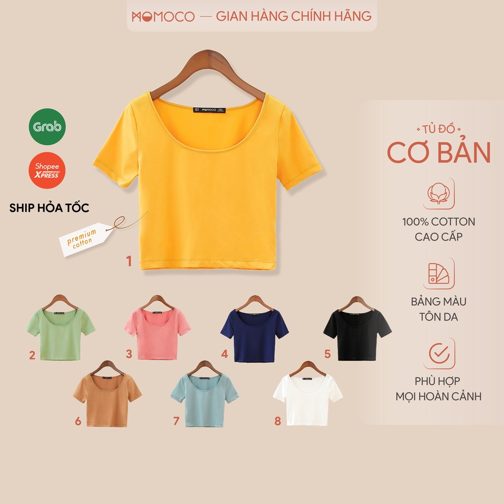 Áo thun croptop cộc tay MOMOCO dáng ôm cổ chữ U, chất liệu cotton co giãn thoáng mát M2908