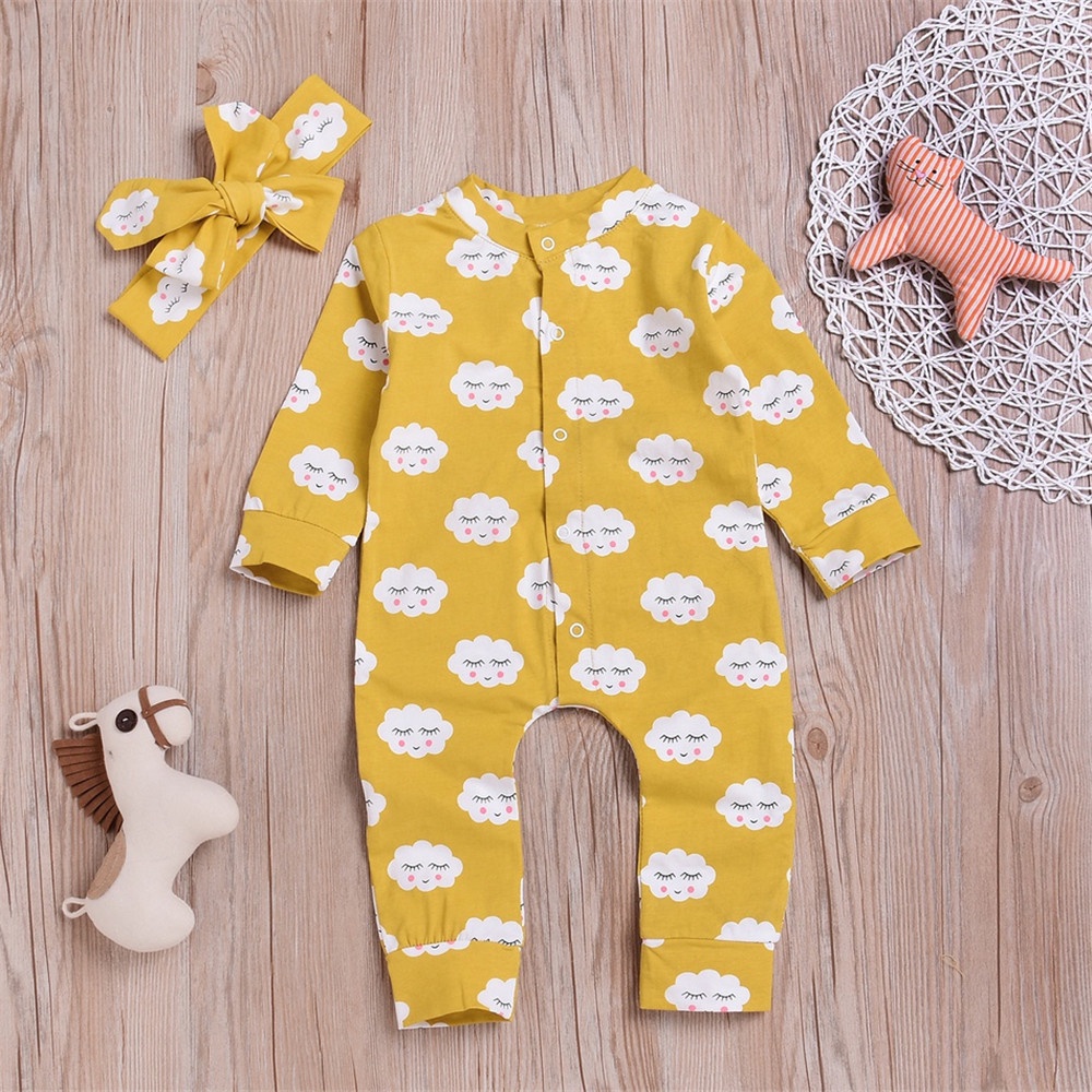 Mikrdoo Newborn Baby Boy Girl Bodysuit Long Sleeve Cloud Print Cotton Romper + Headband 2PCS Clothing