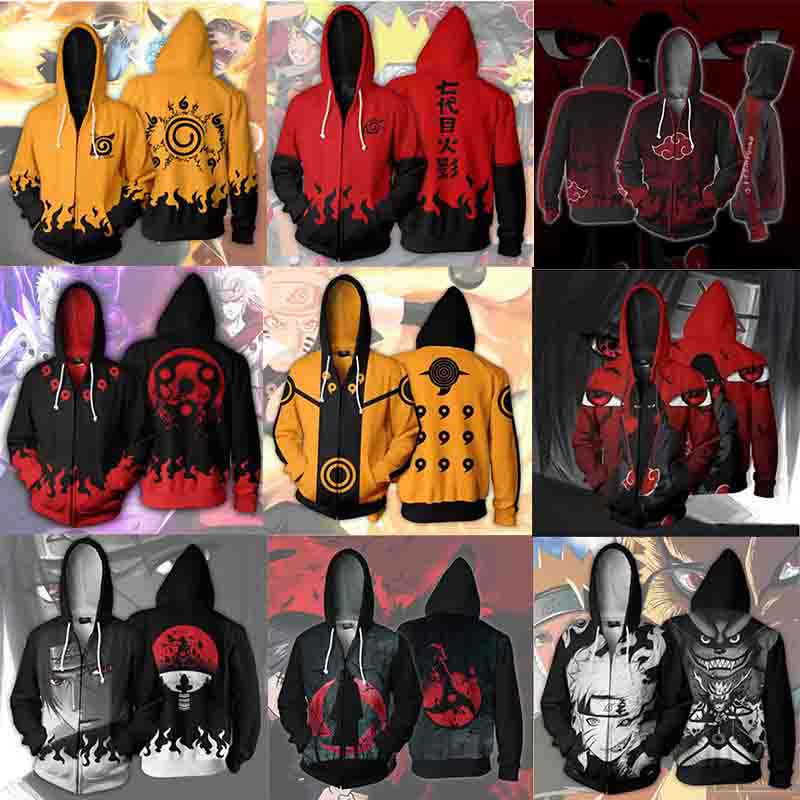 ❤Bùng nổ❤Áo khoác Hoodie tay dài có khóa kéo in hình Naruto Uzumaki Boruto Uchiha Sasuke mới
