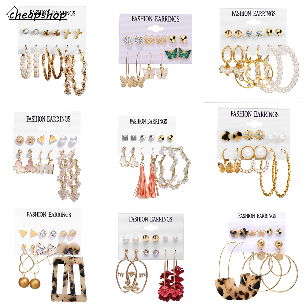 iF YOU Bộ bông tai ngọc trai hình học nhiều kiểu phong cách retro Hàn Quốc