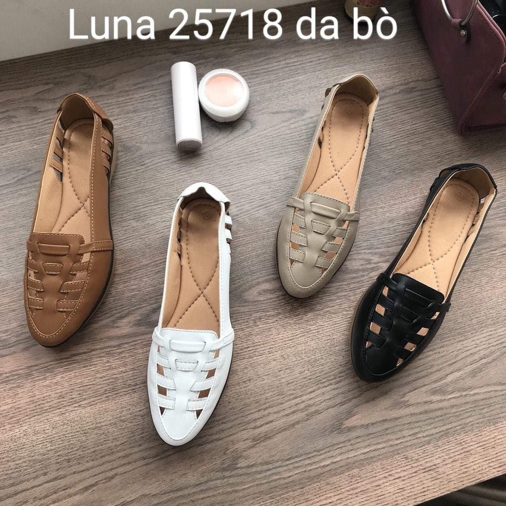 Giày slip on nữ, giày da bò thật nữ bảo hành 2 năm 1 đổi 1 LUNASHOES 703 giày trung niên đi êm chân dễ phối đồ