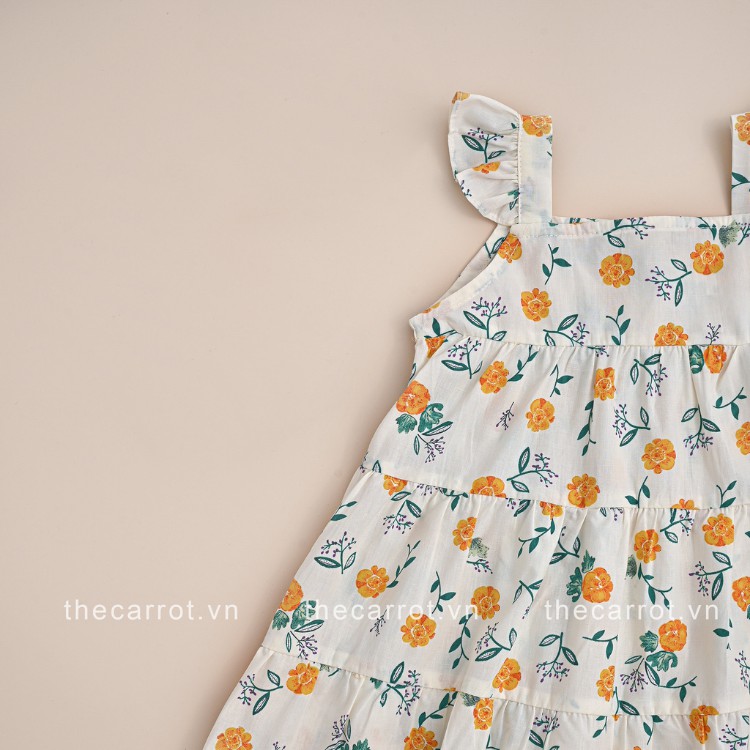 Váy bé gái CARROT 2d cánh tiên họa tiết hoa vàng chất thô cotton thoáng mát thấm hút mồ hôi