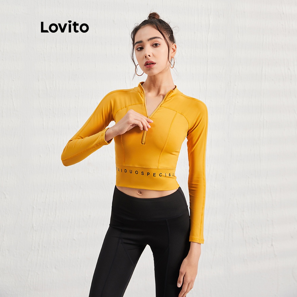 Áo sweatshirt Lovito cổ đứng in chữ phối khóa kéo phong cách thể thao L07050 (Màu vàng)