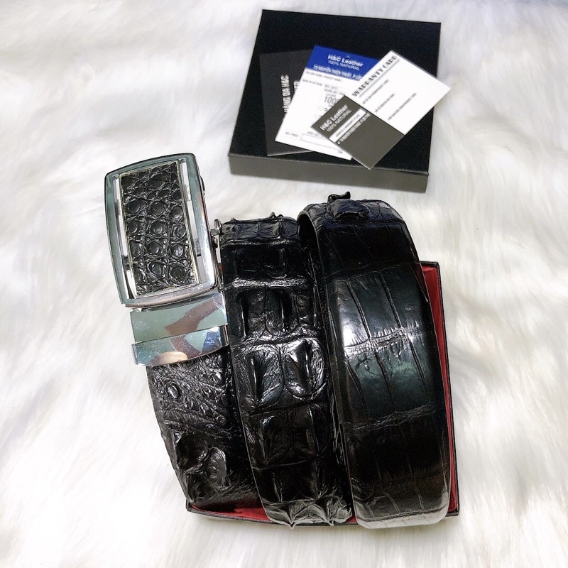 Dây thắt lưng da cá sấu thật, 3.8 cm, màu đen, da lưng cá sấu, đầu nịt tự động