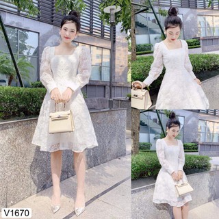 V1670 Thời trang thiết kế thương hiệu DVC cao cấp,đầm ren hoa cúc cổ vuông dâng xòe