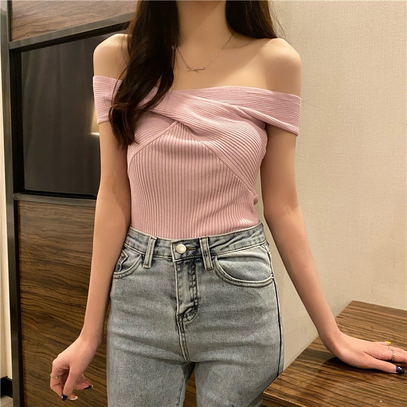 Áo Croptop Dệt Kim Tay Ngắn Trễ Vai Thiết Kế Màu Trơn Thanh Lịch Cho Nữ