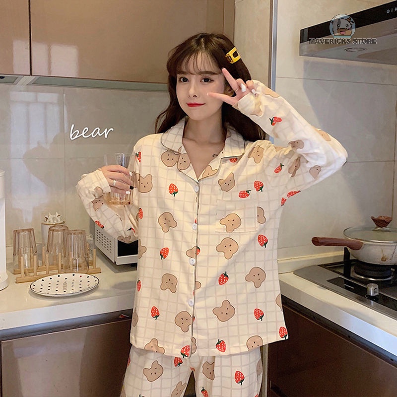 Bộ đồ ngủ tay dài in hình gấu và dâu tây dễ thương phong cách Hàn Quốc thời trang mùa thu cho nữ