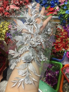 Bông thêu áo dài hoa 3D đính hạt kim sa