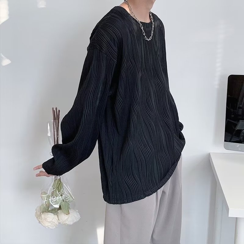 Áo Thun Tay Dài Vải Lụa Lạnh Xếp Ly Dáng Rộng Phong Cách Đường Phố Nhật Bản Cho Nam Cỡ M-3XL 2 Màu Lựa Chọn