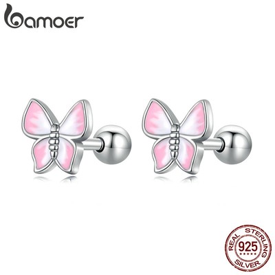 Bamoer Bông Tai bạc 925 Hình Bướm Hồng Đáng Yêu Cho Nữ sce1495