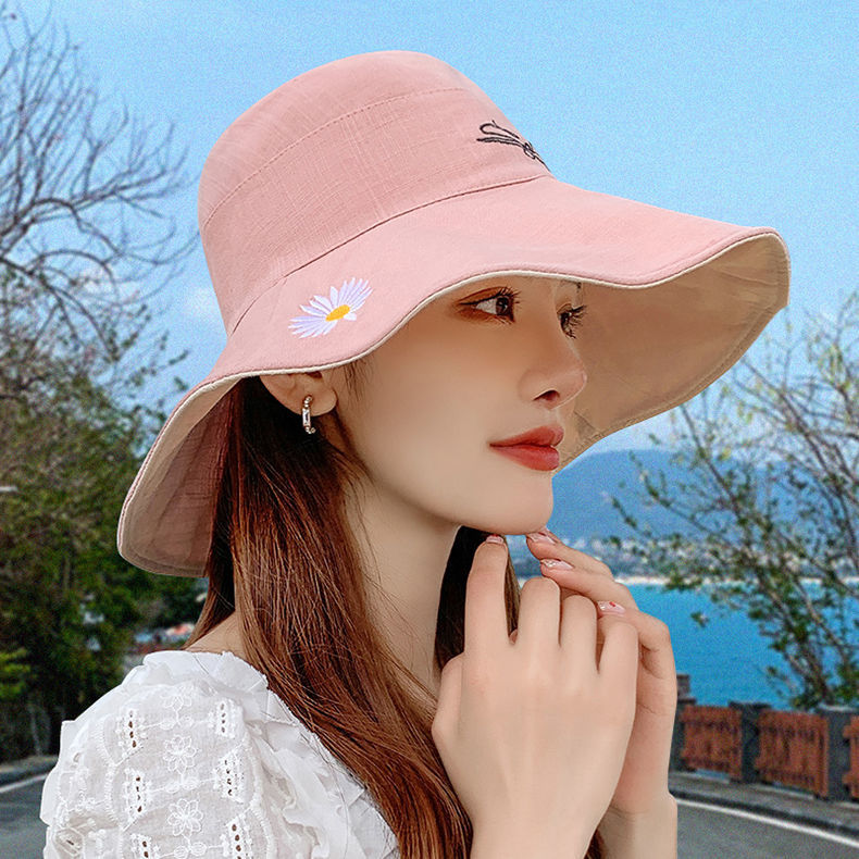 Mũ tai bèo hai mặt thêu họa tiết hoa cúc quá cỡ che nắng đi biển phong cách Hàn Quốc thời trang dành cho nữ