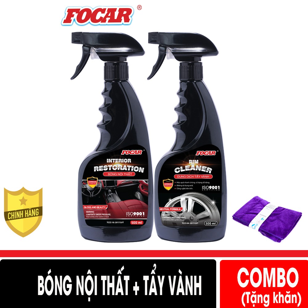 Combo Dung dịch dưỡng Đánh bóng nội thất 0,5L + Tẩy vành lazang mâm ô tô Focar 0,5L (Tặng khăn lau)