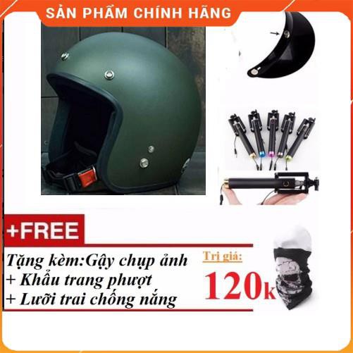 Bộ mũ bảo hiểm phượt 3/4 đầu (Xanh Lính) tặng kèm :Gậy chụp ảnh+khẩu trang phượt thủ+lưỡi trai chống nắng