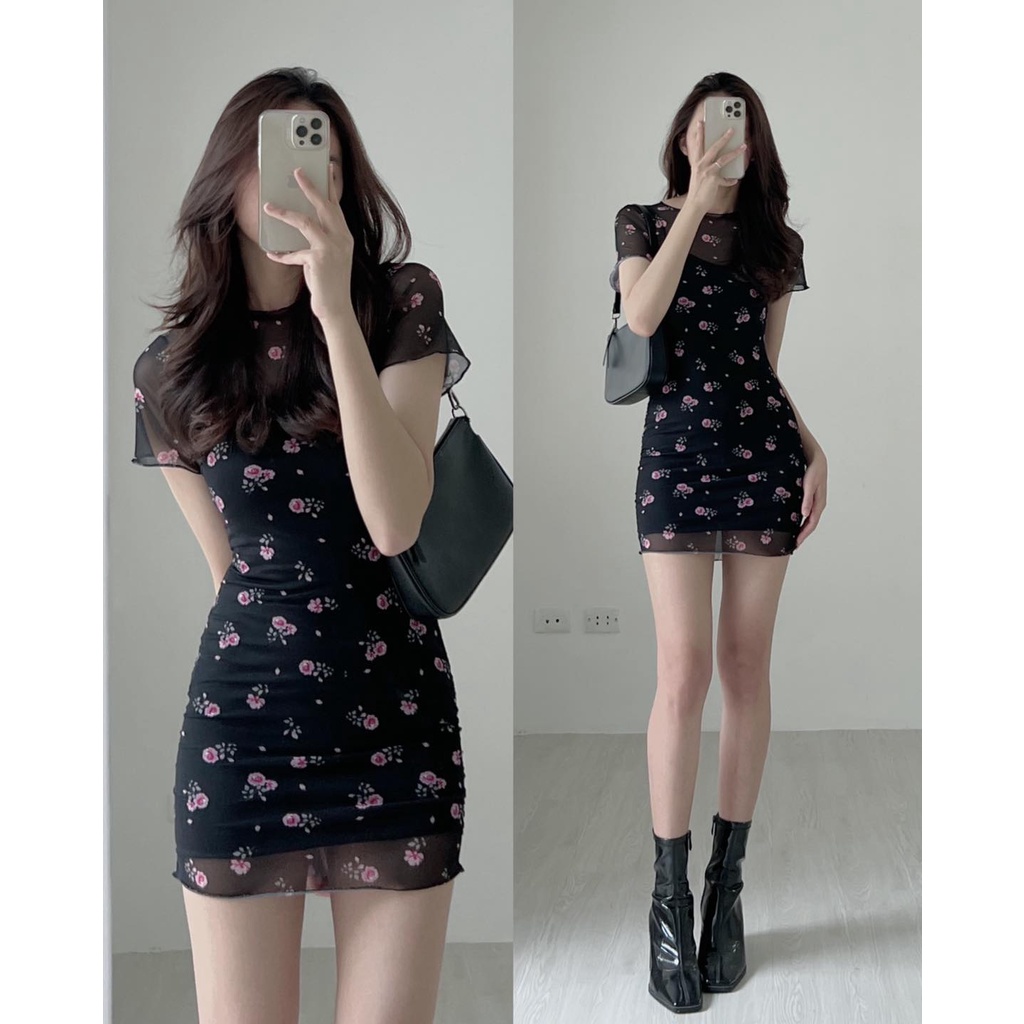 V945 Váy voan hoa nhí 2 lớp Audrey