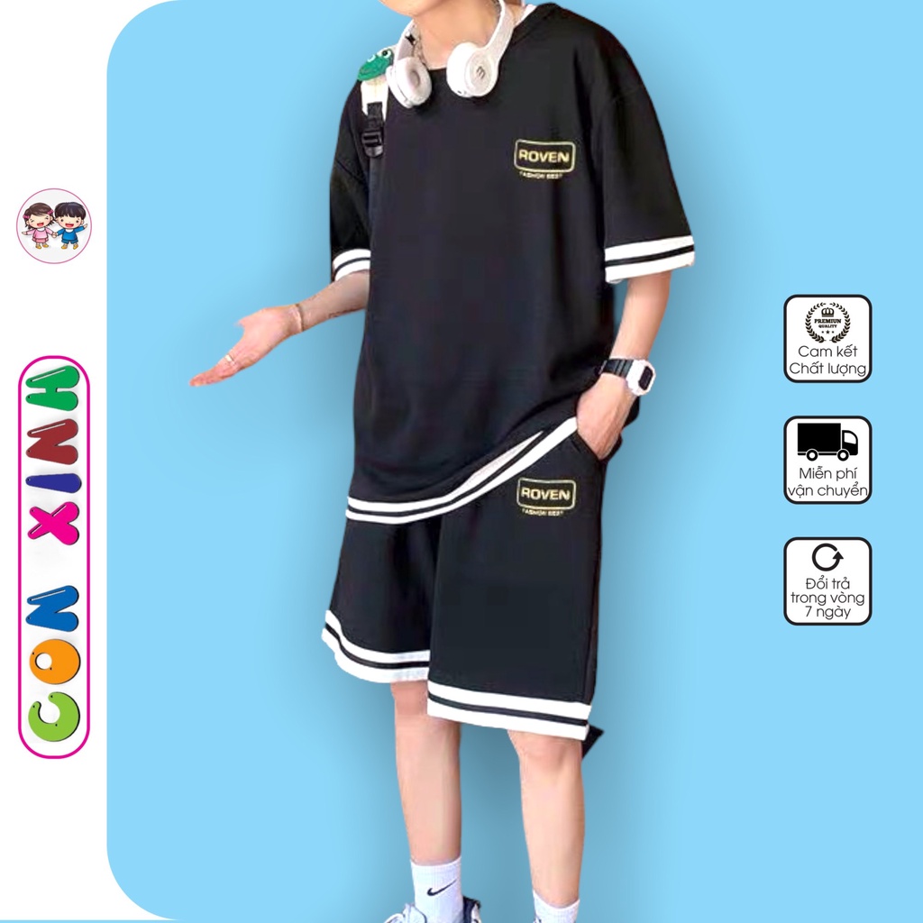 Bộ đồ bé trai Con Xinh cotton phối tay áo ROVEN, thời trang dành cho trẻ em từ 14 đến 45kg