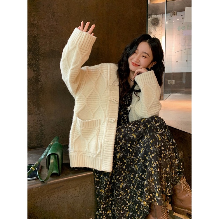 Đầm tay dài cổ chữ v họa tiết hoa phong cách retro thanh lịch nữ tính 46677