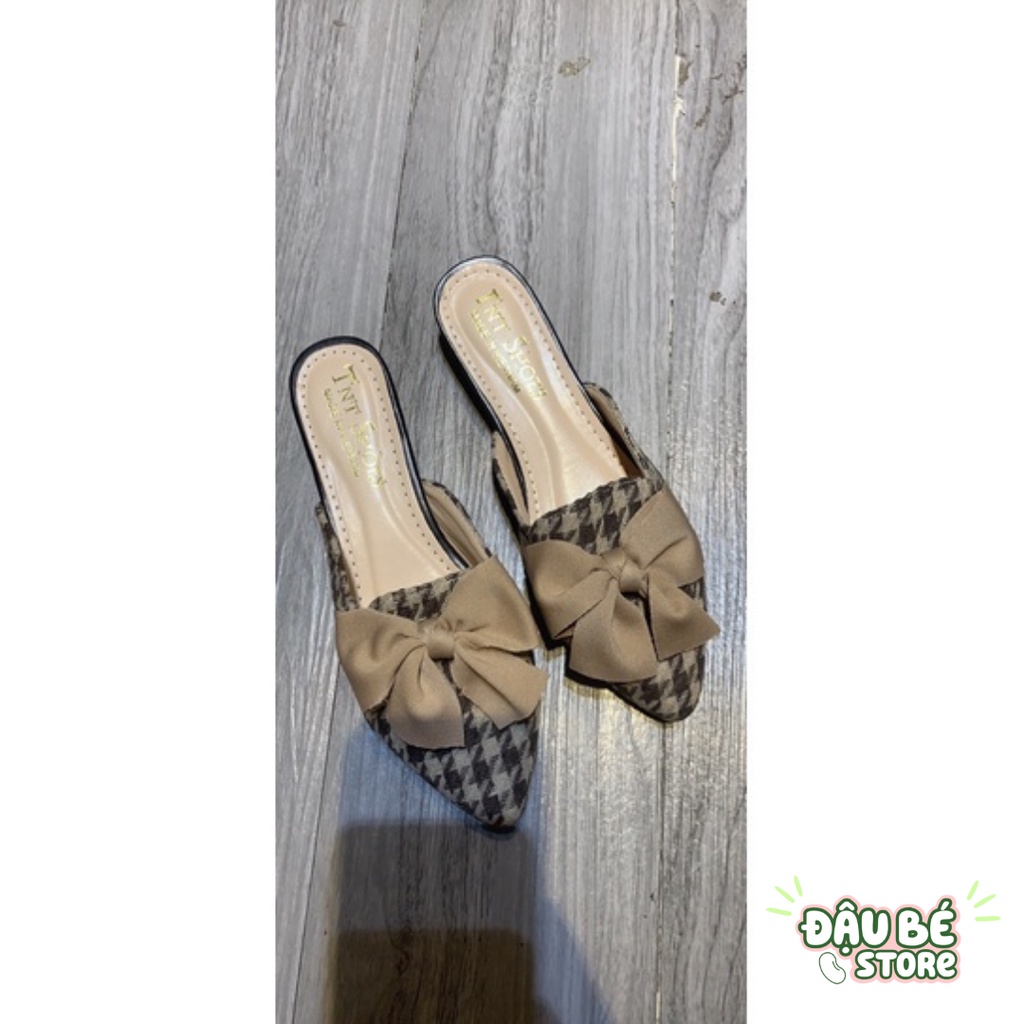 Giày Sục Nơ Caro Nâu Mũi Nhọn Thời Trang Cá Tính Nữ - Dép Sục Nữ Đế Bệt Sang Chảnh Chống Trơn Trượt - Daube - G030