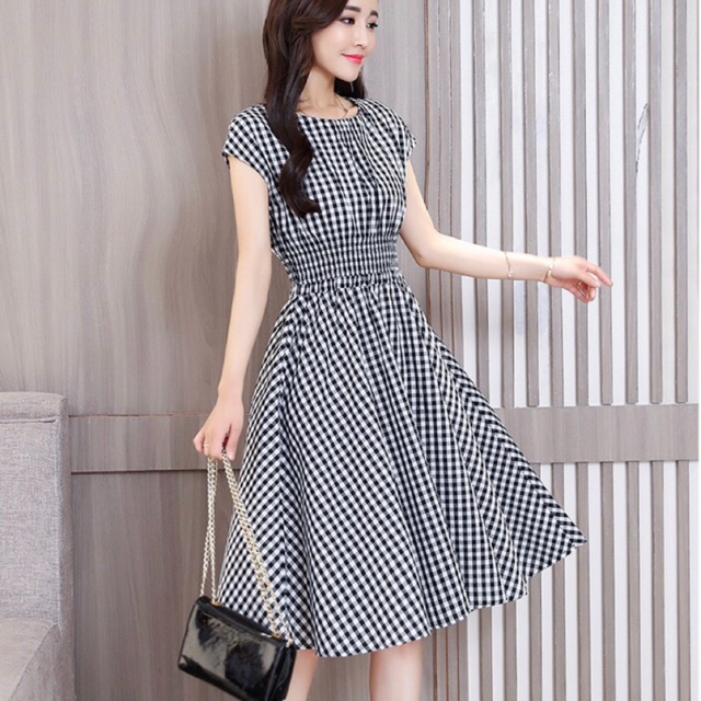 Đầm công sở, đầm dạo phố-đầm xoè caro cánh dơi bo thun