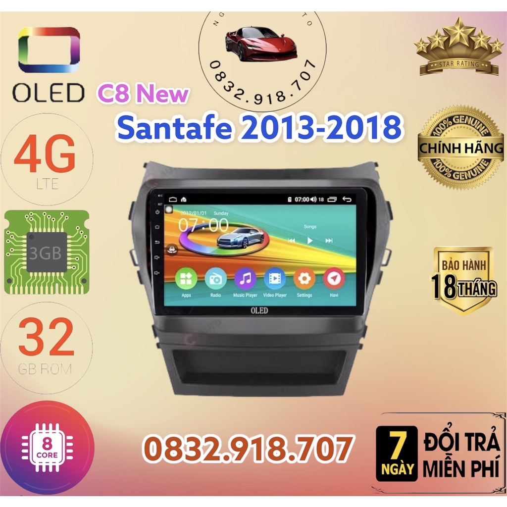 Màn hình android OLED C8 New theo xe Santafe 2013 - 2018  kèm dưỡng và jack nguồn zin theo xe