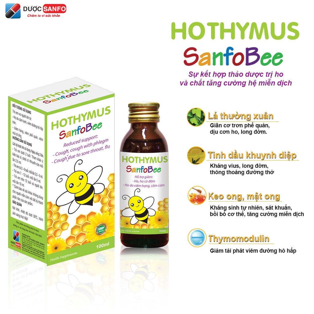 Siro Ho Thymus SanfoBee Giảm ho, long đờm, sát khuẩn hoàn toàn từ thảo dược chai 100 ml