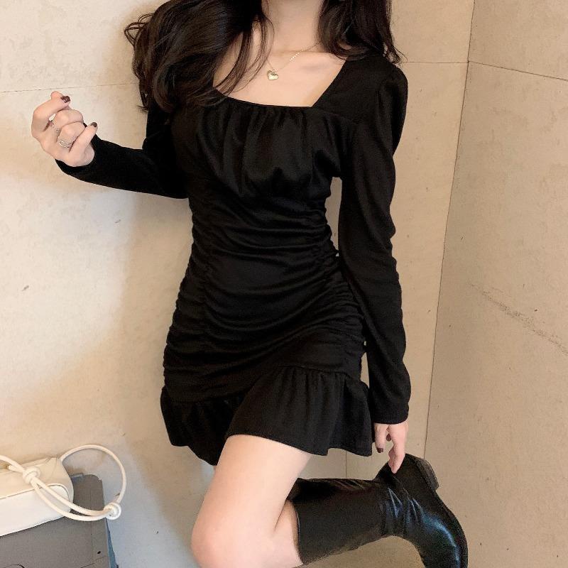 COZOK Đầm tay dài cổ vuông phong cách vintage thời trang