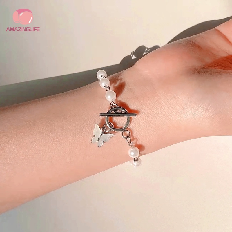 Vòng Tay Chuỗi Hạt Ngọc Trai / Bạc Mặt Hình Bướm Màu Sắc Ngọt Ngào Thanh Lịch