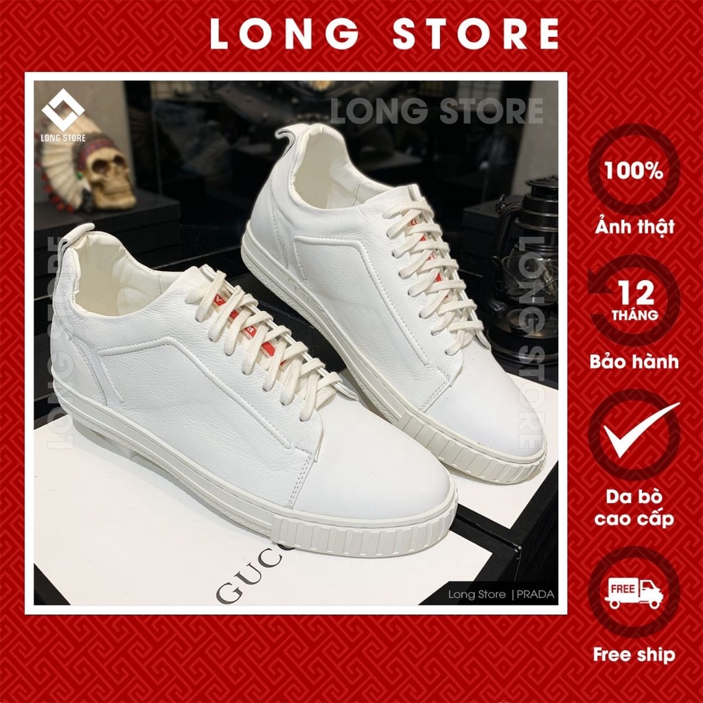 Giày thể thao nam đẹp sneaker đế cao da bò thật cao cấp màu trắng tăng chiều cao 3cm LONGSTORE