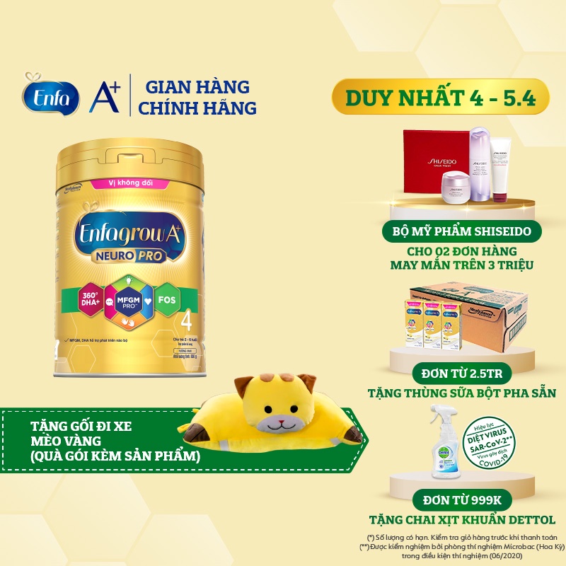 [Mã FMCG80 giảm 10% đơn từ 400K] [Tặng Gối Đi Xe Máy Mèo Vàng] Sữa Bột Enfagrow A+ Neuropro 4 Vị Không Đổi – 830g