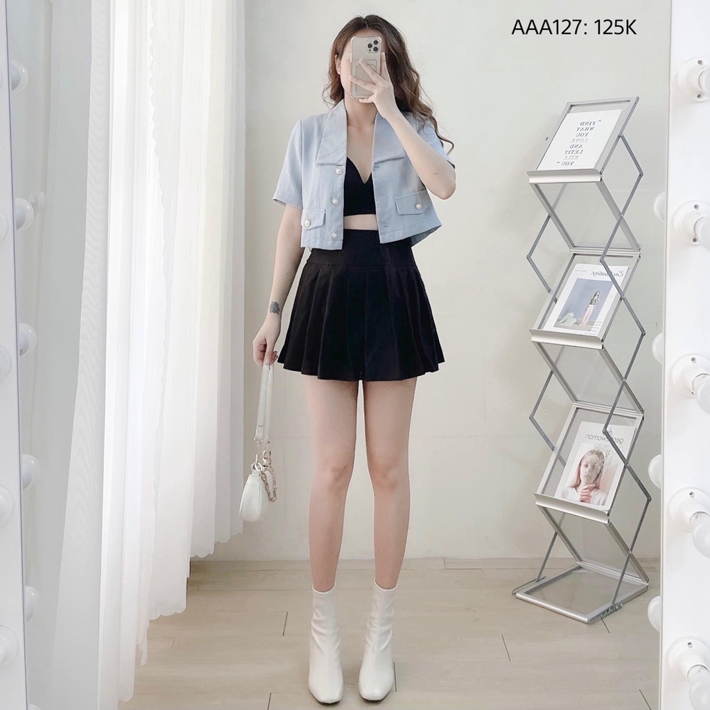 Áo croptop kiểu cổ vest áo croptop nữ tay ngắn vải bố 2 túi giả 3 nút CHIBEST AAA127